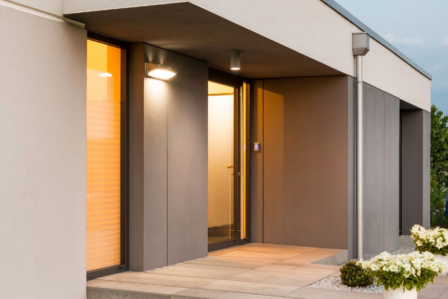 Modern house entrance with a single wood French door and exterior lights.