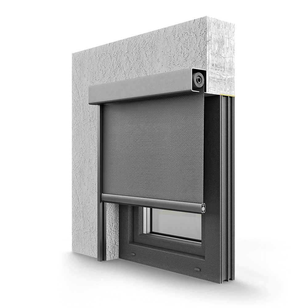 Modern exterior screen blinds on a white background. 