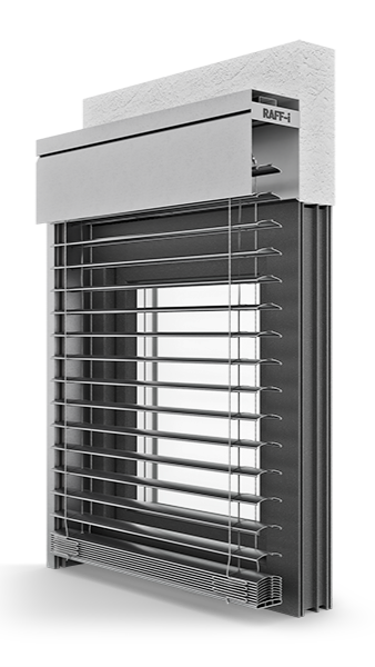 Black exterior venetian blinds.