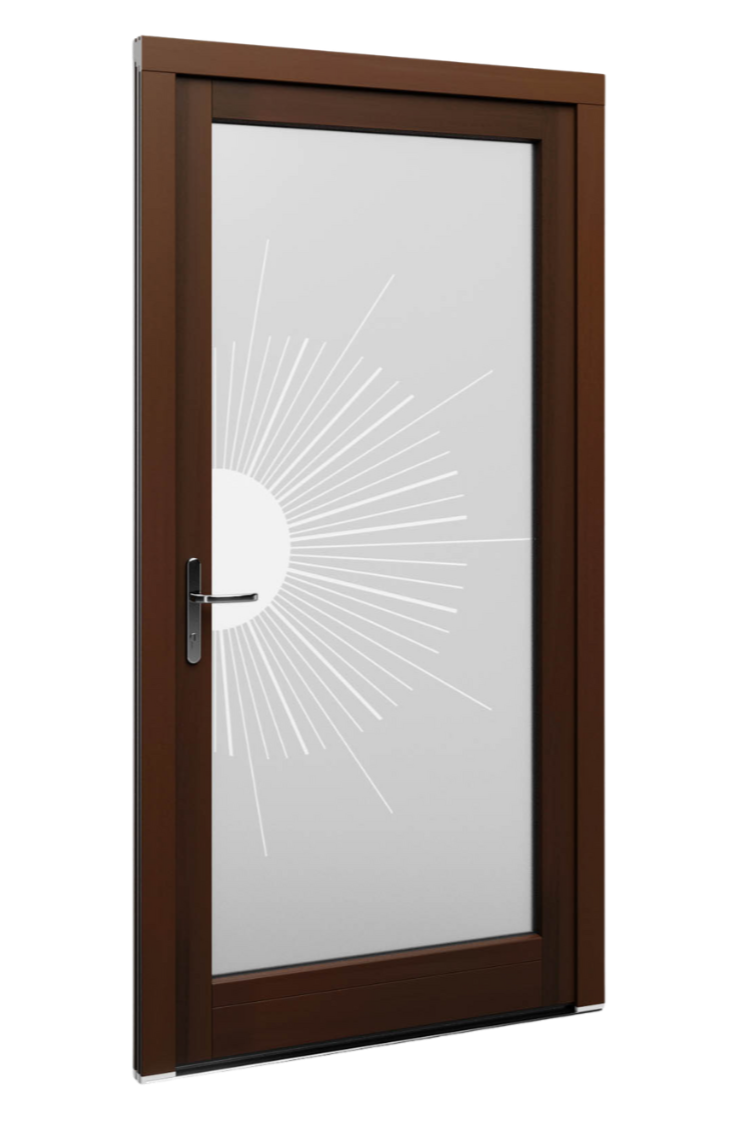 Wood French door with glass panel on a white background