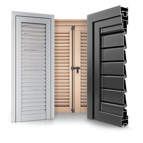 Three different styles of window shutters on a white background